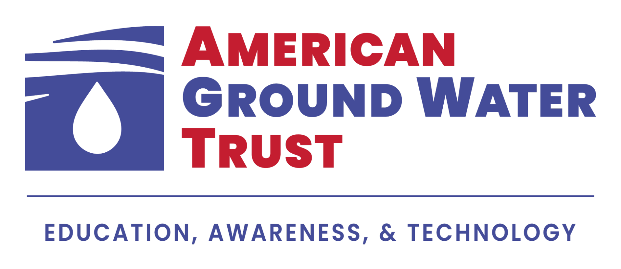 American Ground Water Trust logo featuring a blue background with a white water droplet and text emphasizing education, awareness, and technology related to groundwater management.